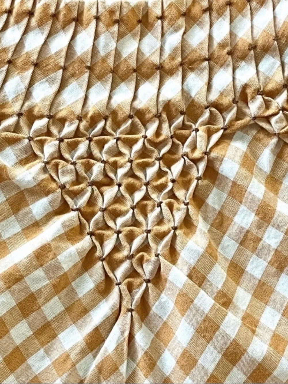 Vintage Gingham Tie-Waist Smocked Apron in Mustard and Brown trim